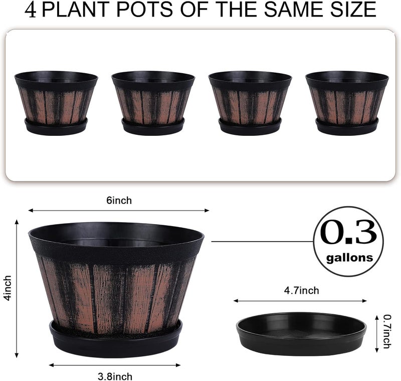 Quarut 6 inch Brown Barrel Planters with Drainage Holes & Saucer, Set of 4, Indoor & Outdoor Garden Home Plants - Image 2